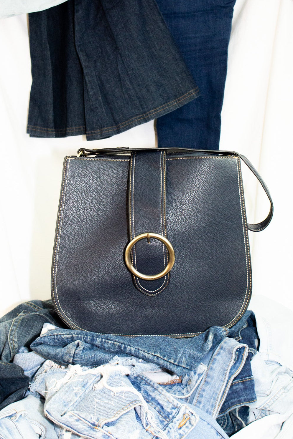 Blue Leather Bag with Buckle
